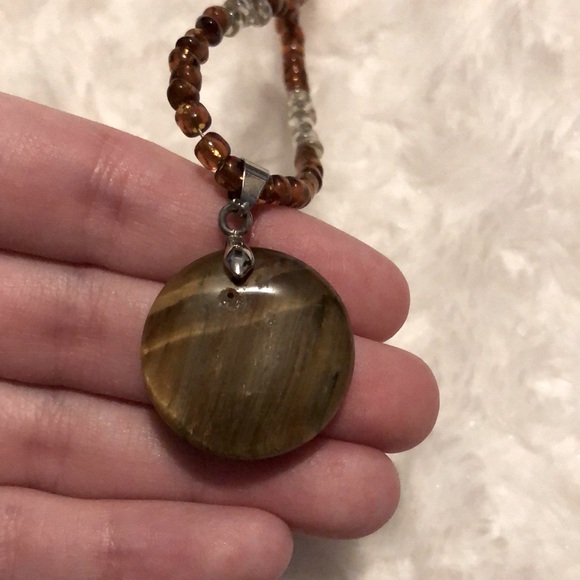 Tigers Eye Beaded Necklace Round Crystal Pendant Silver Tone Genuine Gemstone - Picture 5 of 6